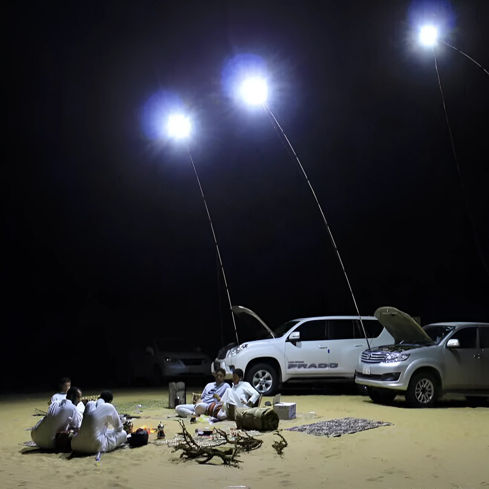 White LED fishing rod light with telescopic pole extended, showing remote control.