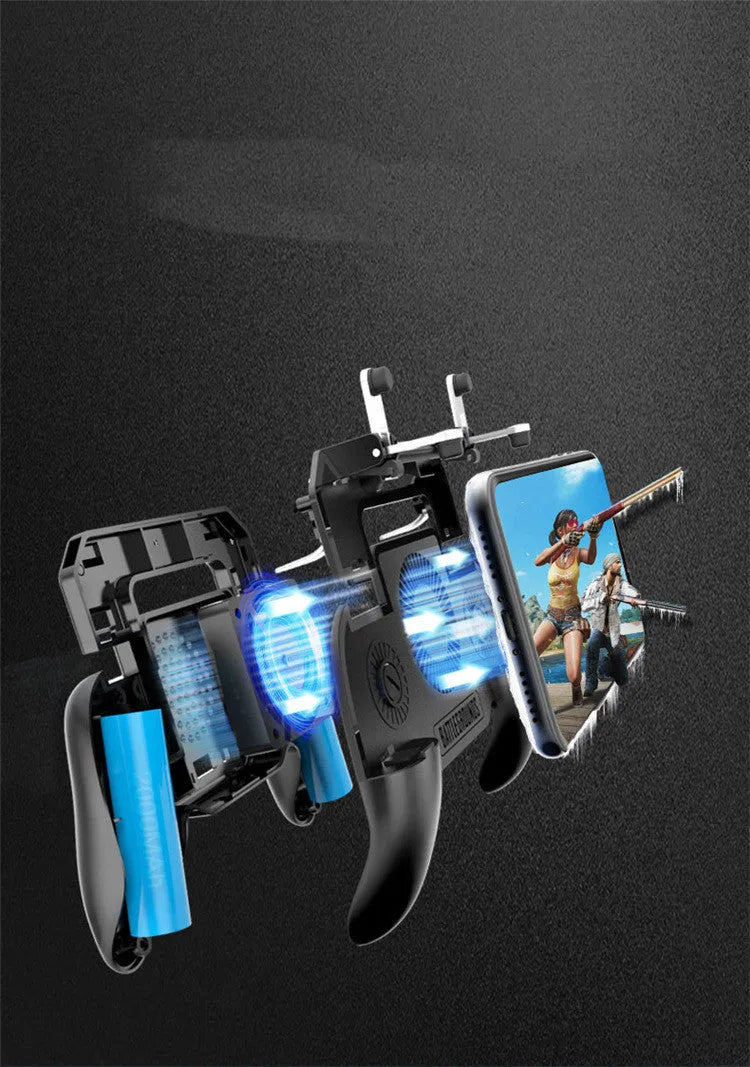Black mobile game controller for smartphones with USB cable and physical action buttons.