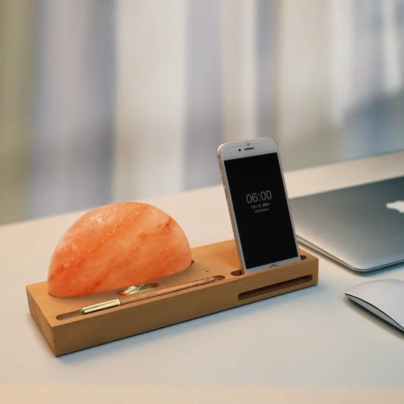 Wireless charging table lamp with natural crystal salt shade on solid beech wood base