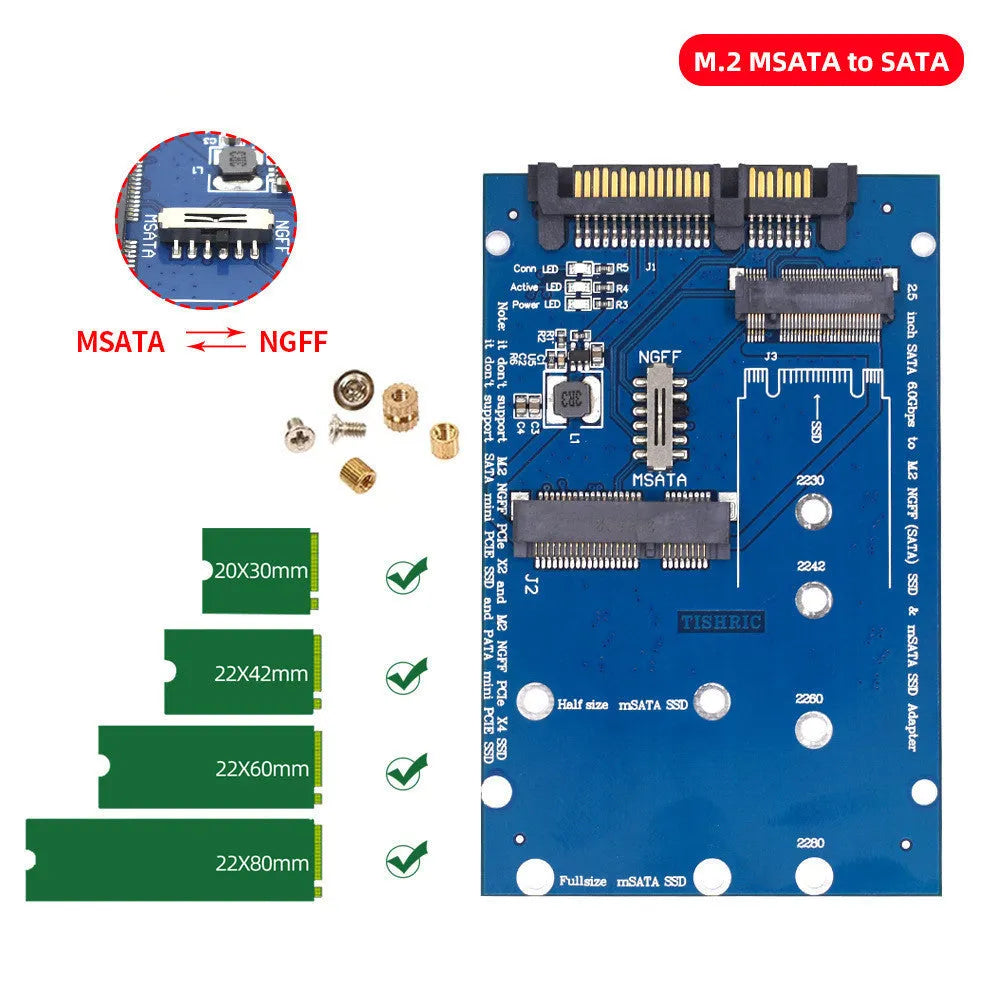 Black SATA3 to M.2 NGFF mSATA SSD conversion card adapter with connectors