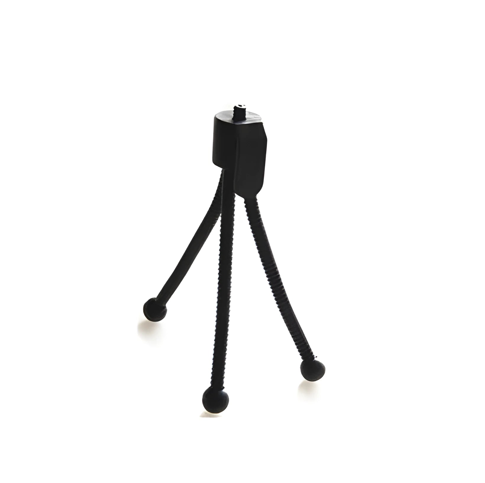 Small silver aluminium desktop tripod with ball head, shown collapsed next to an Apple iPhone for scale