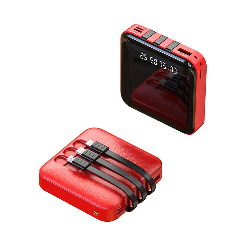 Square black power bank with integrated charging cable showing 80mm dimensions