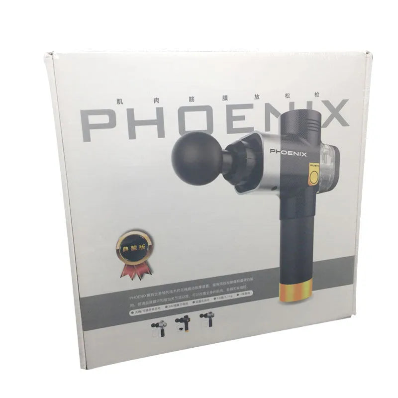 Black fascia massage gun with four different coloured massage heads on a grey background.