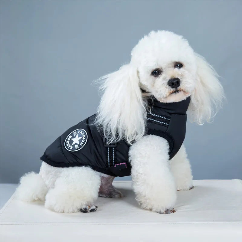 Waterproof dog coat with integrated harness in rain silk fabric available in red, navy blue, and army green colours