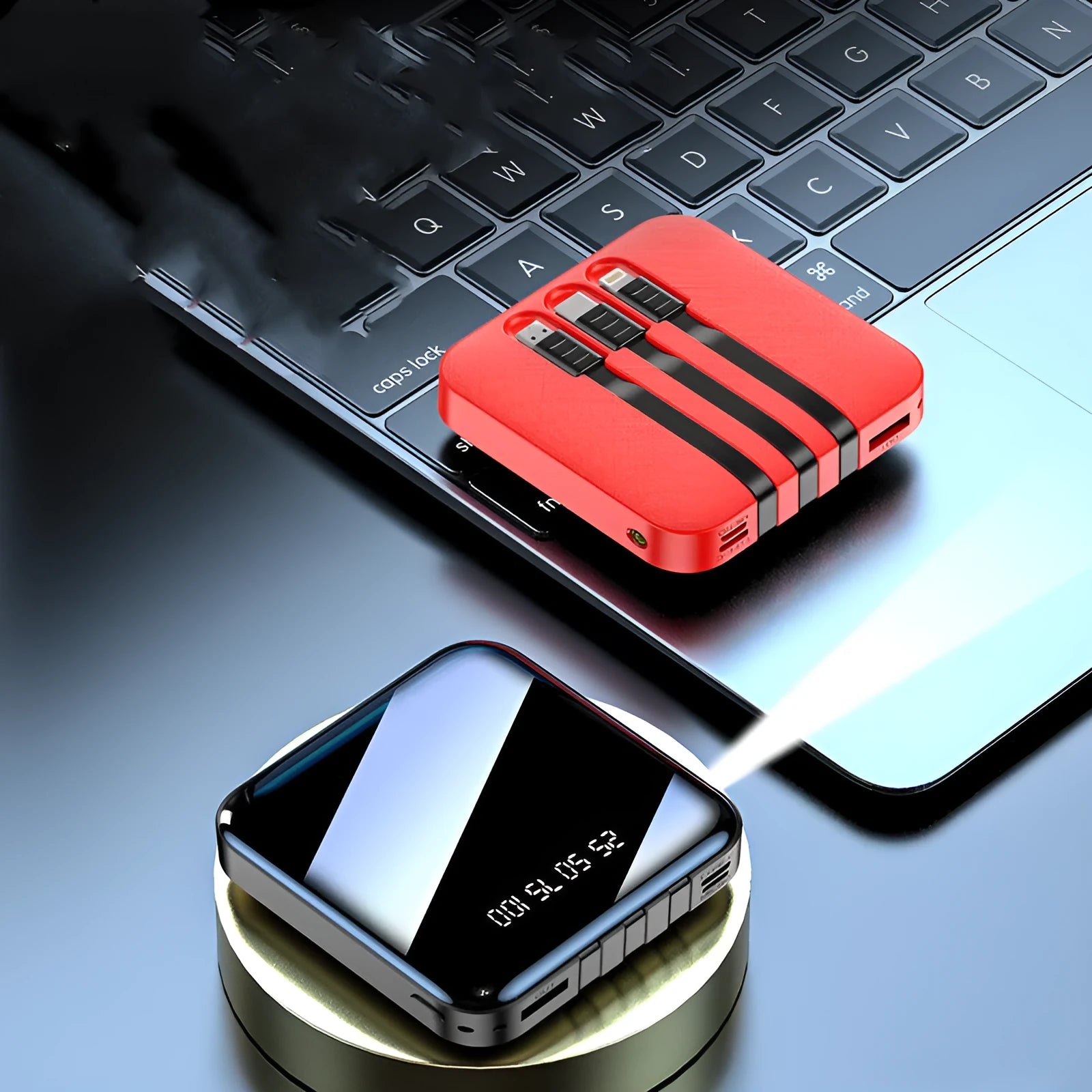 Square black power bank with integrated charging cable showing 80mm dimensions