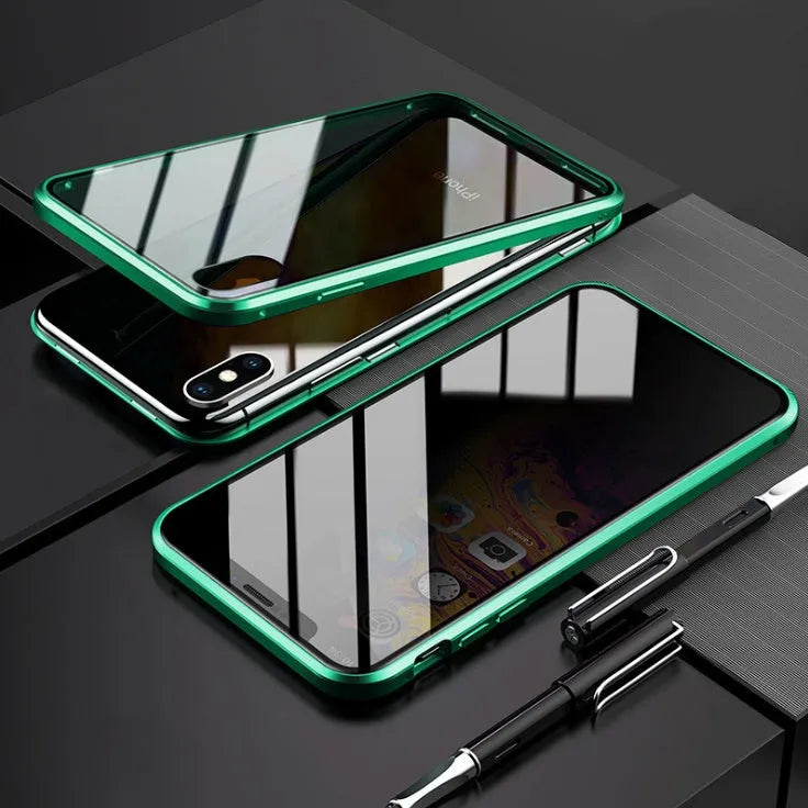 Black magnetic privacy phone case with clamshell design showing anti-peeping screen