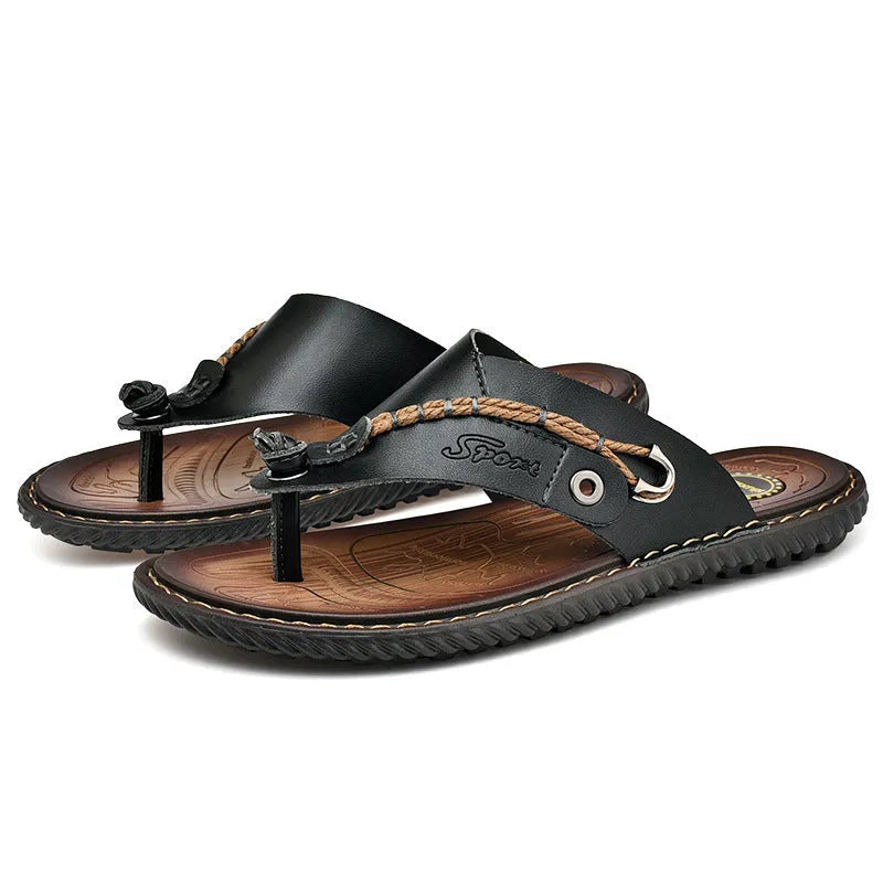 Men's black casual PU leather slippers with a non-slip sole, shown on a plain background.