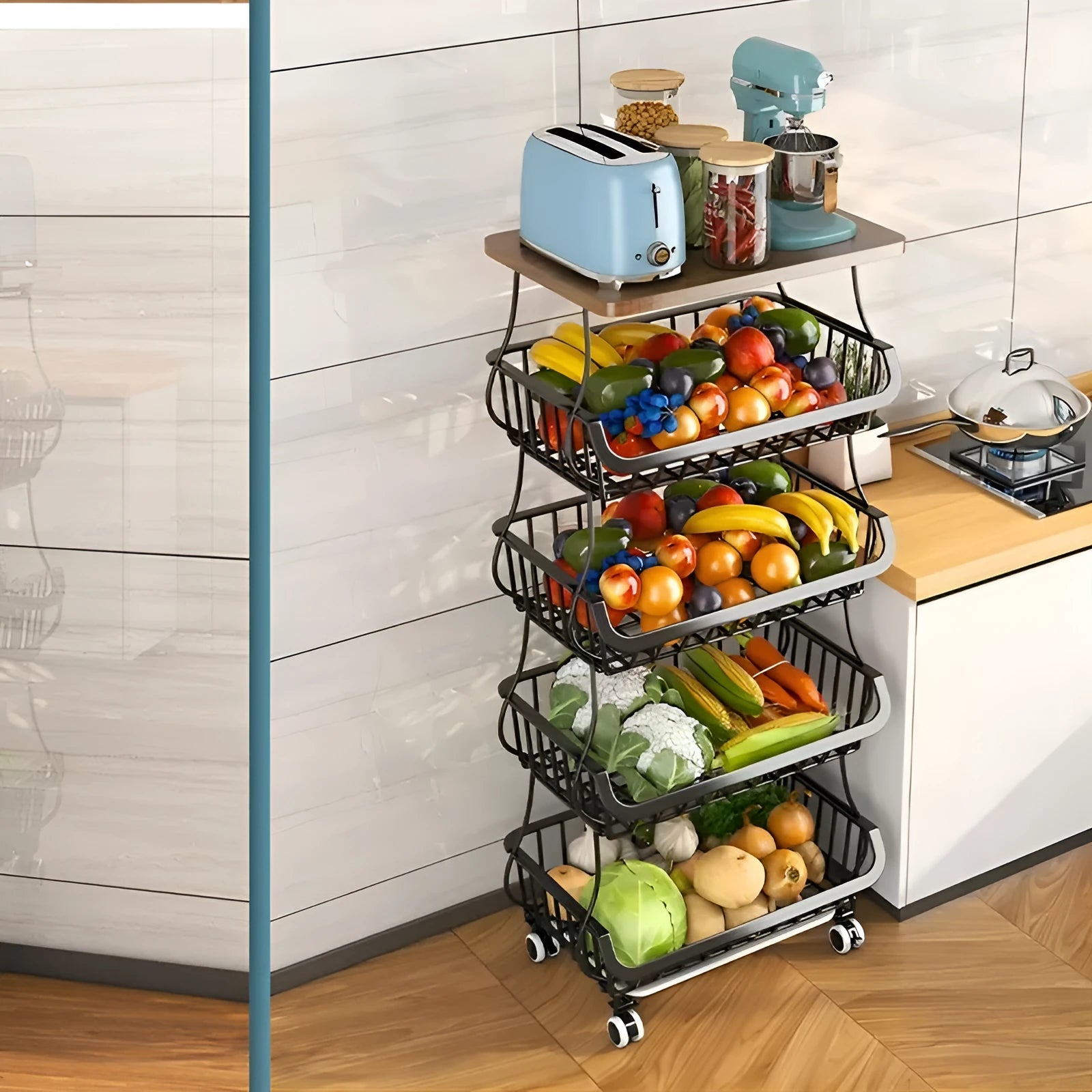 Black six tier free standing kitchen storage shelf trolley with modern design