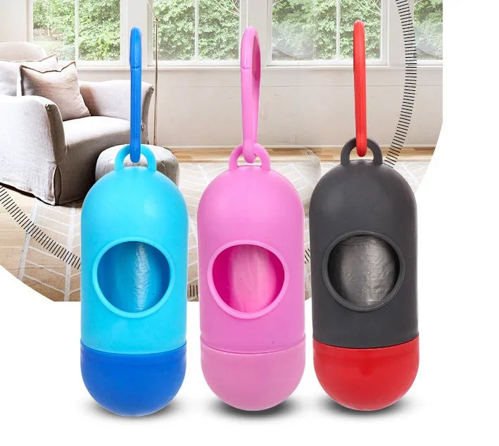 Pet waste bags in six colours showing black, blue, green, light blue, pink and red options
