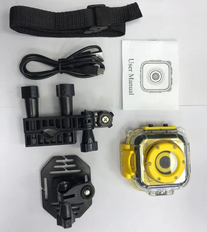 Yellow children's waterproof sports camera with 1.77-inch screen showing HD recording interface