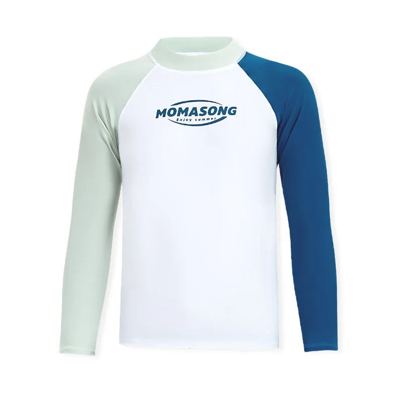 Men's white long-sleeve swim shirt and matching colour block swim trunks set on a man.