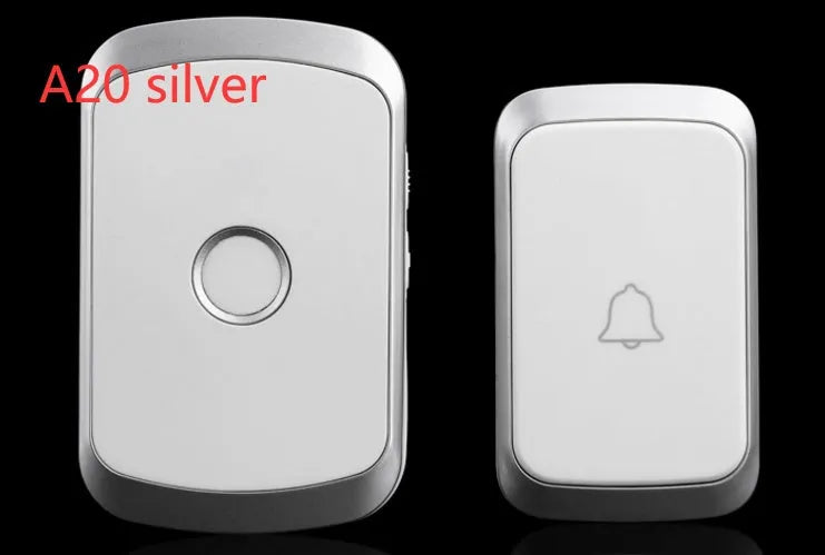 Wireless doorbell kit with plug-in receiver and battery transmitter showing colour options