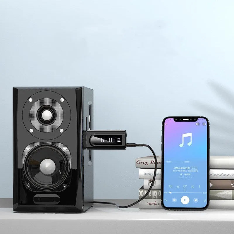 Black USB car FM Bluetooth receiver with Bluetooth 5.0 for wireless audio playback.