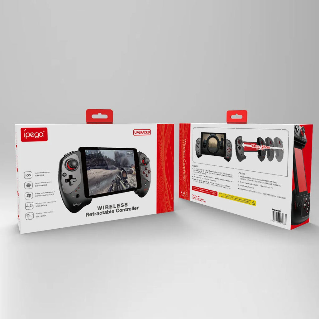A red telescopic gamepad controller extended to hold a smartphone, with analogue sticks and action buttons visible.