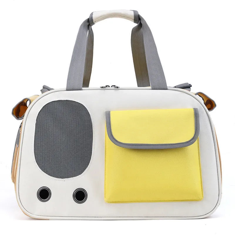 Foldable single shoulder pet carrier bag in canvas material, shown in black colour