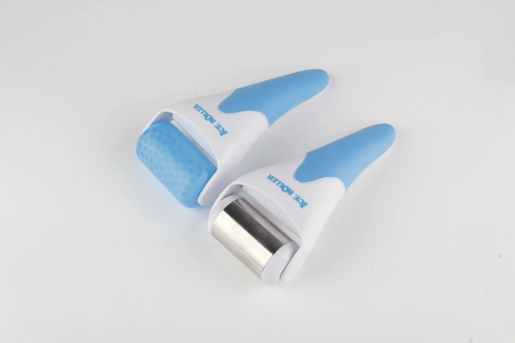 Plastic ice roller face roller in blue with removable head on white background
