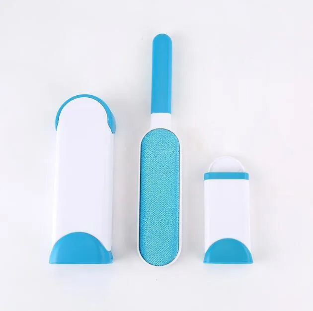 Blue reusable pet hair removal brush with self-cleaning base for sofas and upholstery.
