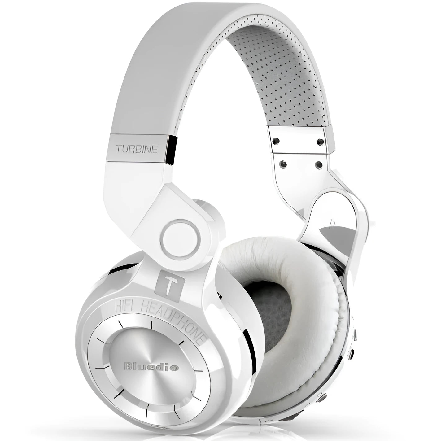 Blue String T2 over-ear Bluetooth headset in black with rotary folding metal design.