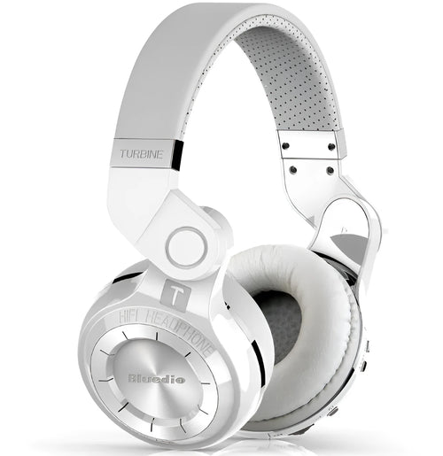 Blue String T2 over-ear Bluetooth headset in black with rotary folding metal design.