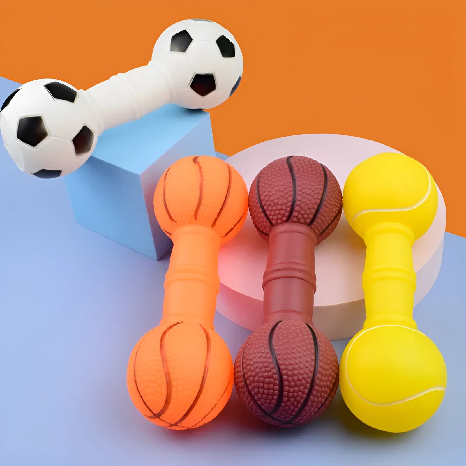 Brown, orange, white, and yellow PVC squeaky football dumbbell shaped dog chew toy