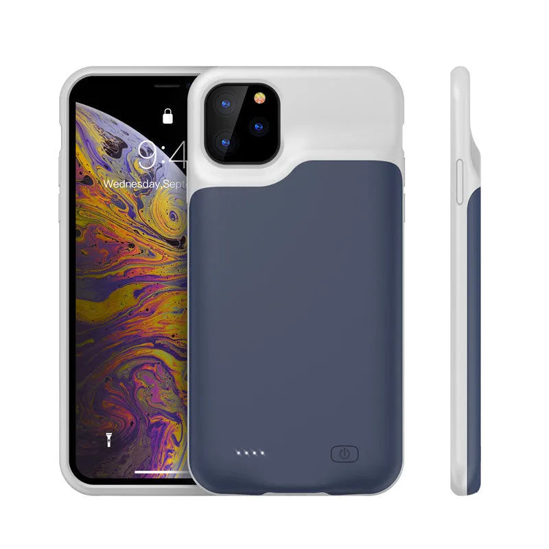 Shockproof silicone iPhone battery charger case shown in available colours: black, blue, pink, and white.