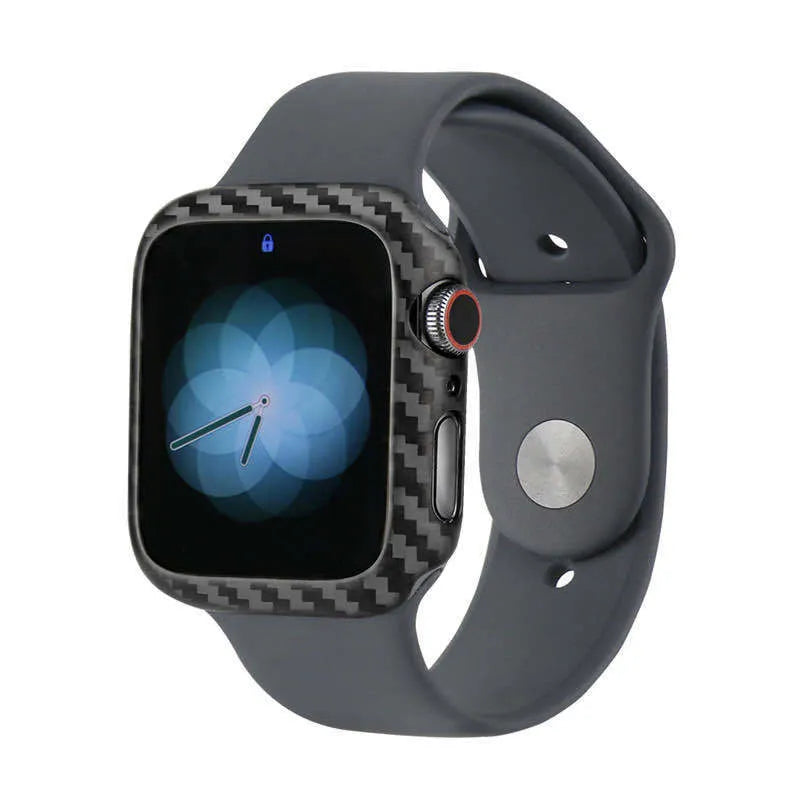Apple Watch Series 4 carbon fibre half wrap leather case in 44mm size showing bright black and matt black colour options