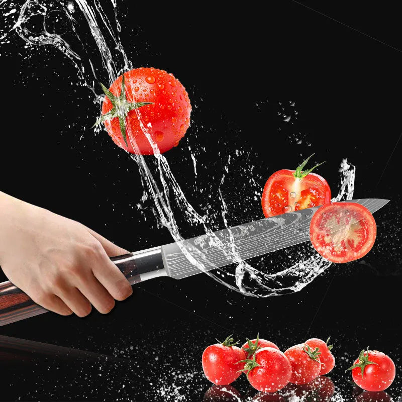 Kitchen chef knife with laser Damascus pattern on 7CR17 stainless steel blade and colour steel handle