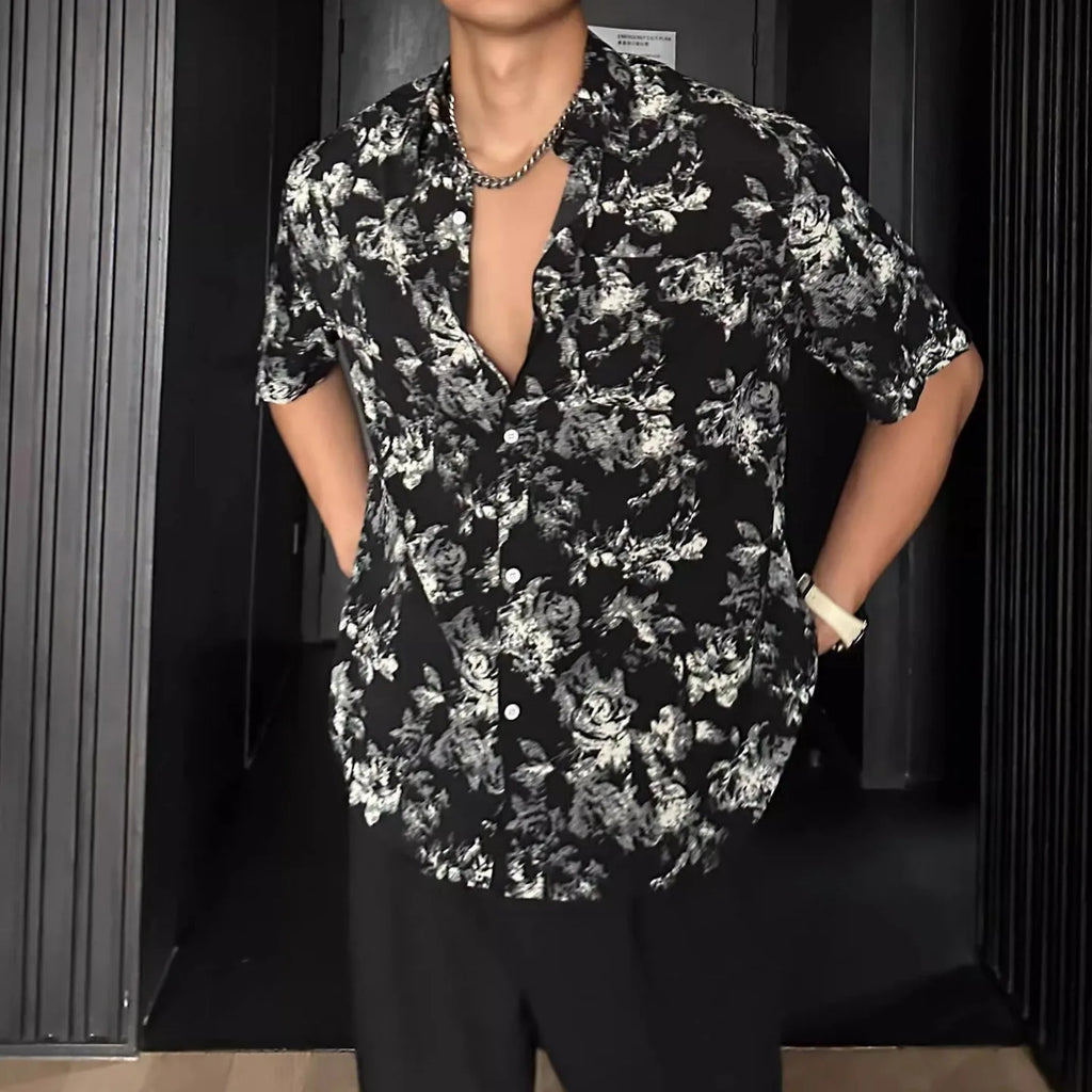 Loose casual floral printed short sleeve shirt in black or white colour options