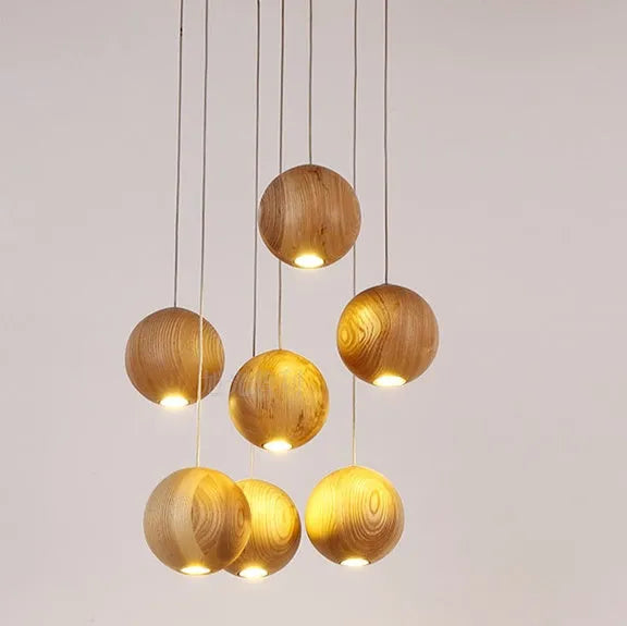 Nordic wood ball chandelier pendant light with adjustable height and solid wood construction
