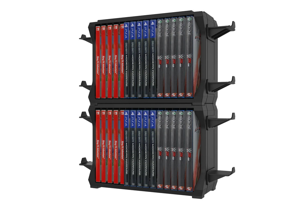 Black PS5 and Xbox Series X disc holder with game cartridge compartments and four controller storage slots