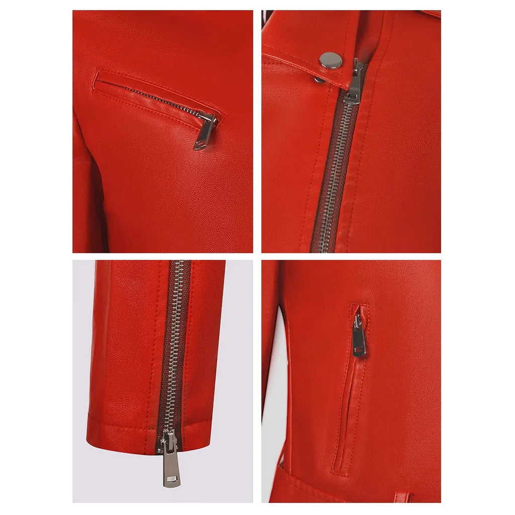 Women's black PU leather motorcycle-style jacket with lapel collar and waist belt