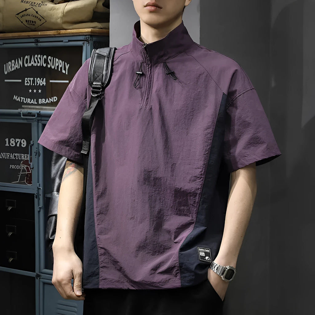Brown men's casual business shirt with a half-zipped stand collar and short sleeves.