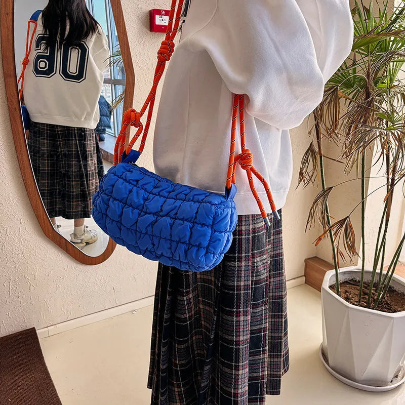 Women's soft nylon pillow crossbody messenger bag with rhombus pattern and zippered pocket.