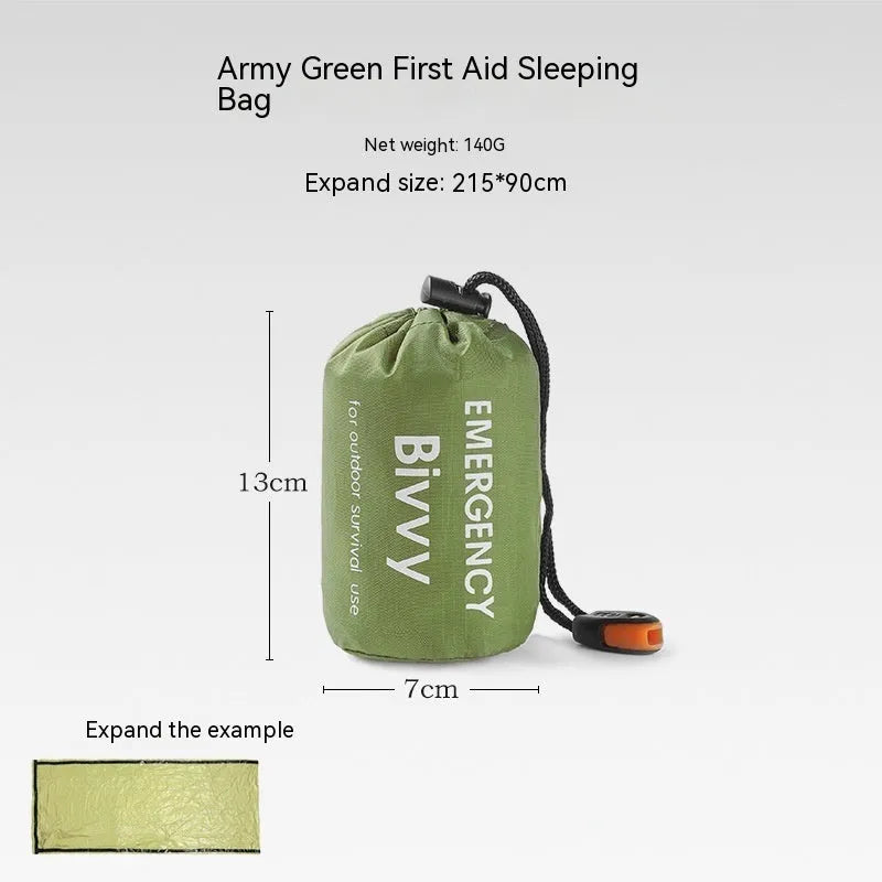 Orange portable disaster relief tent kit with sleeping bag, raincoat, and emergency blanket packed together.