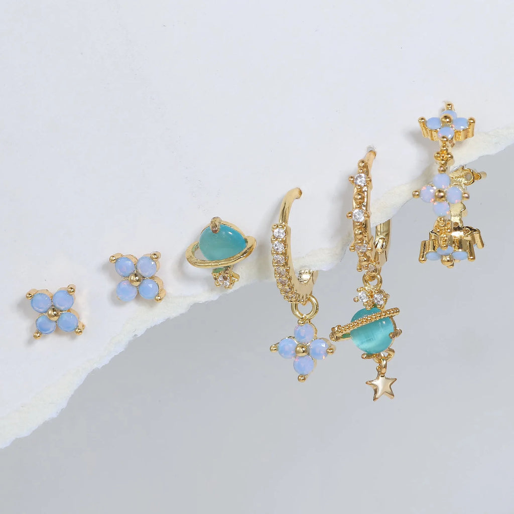 Gold and silver flower stud earrings with zircon mosaic detail in Japanese Korean style