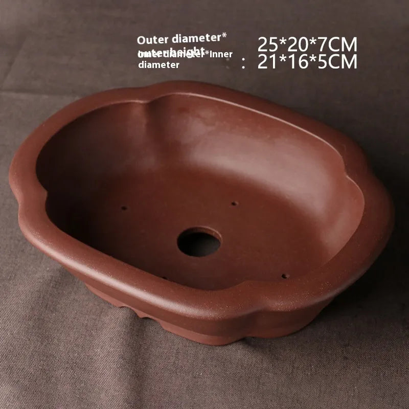 Handmade purple clay bonsai pot with classical Chinese design, 25cm diameter