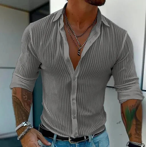 Men's striped long sleeve cardigan shirt in a loose British style fit, showing 3D pattern detail.