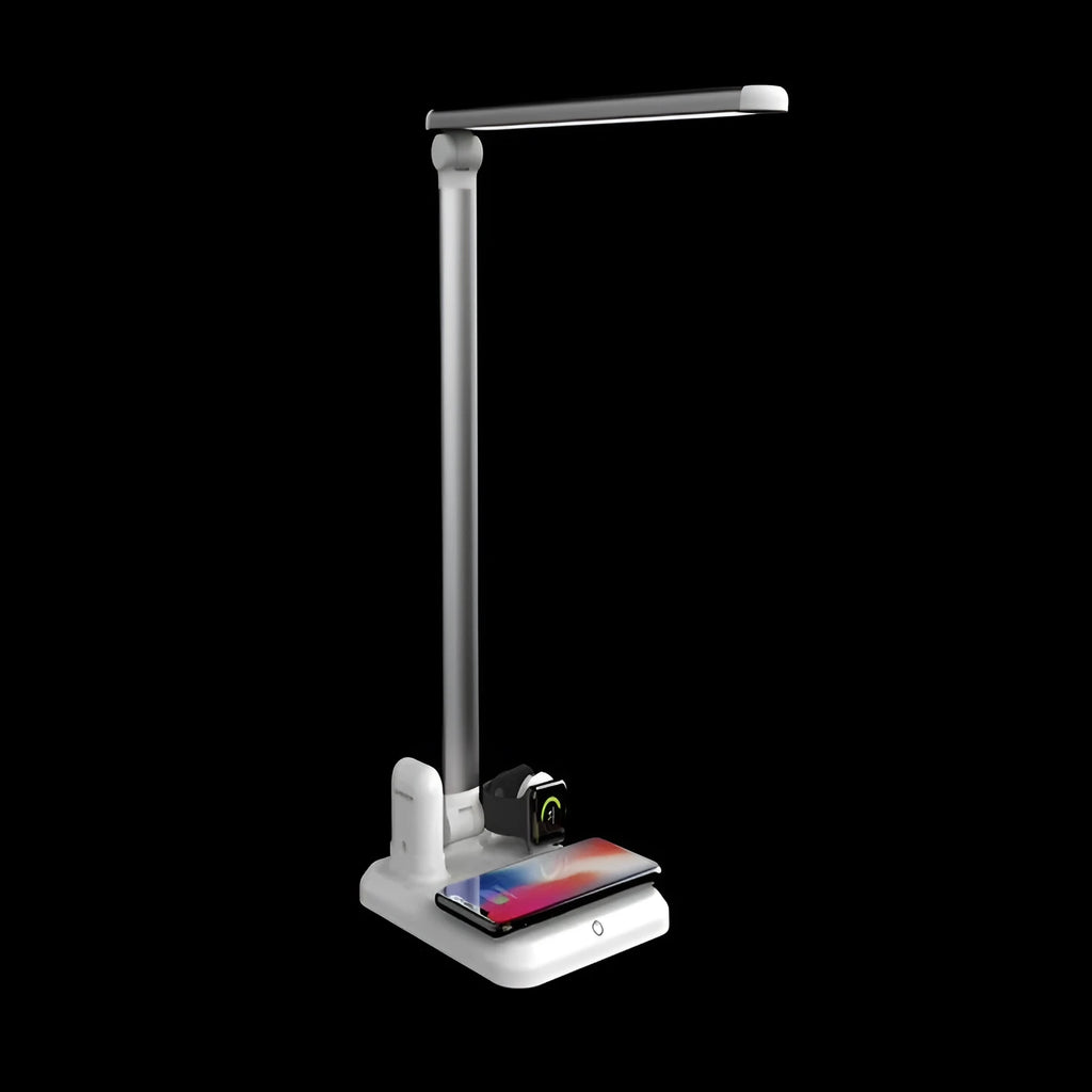 Black and white 4-in-1 LED desk lamp with wireless charging pad and USB-C port