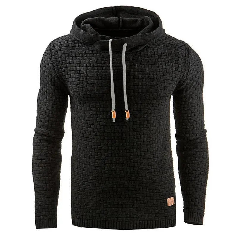 Men's black cotton-polyester blend hooded sweatshirt on a hanger.