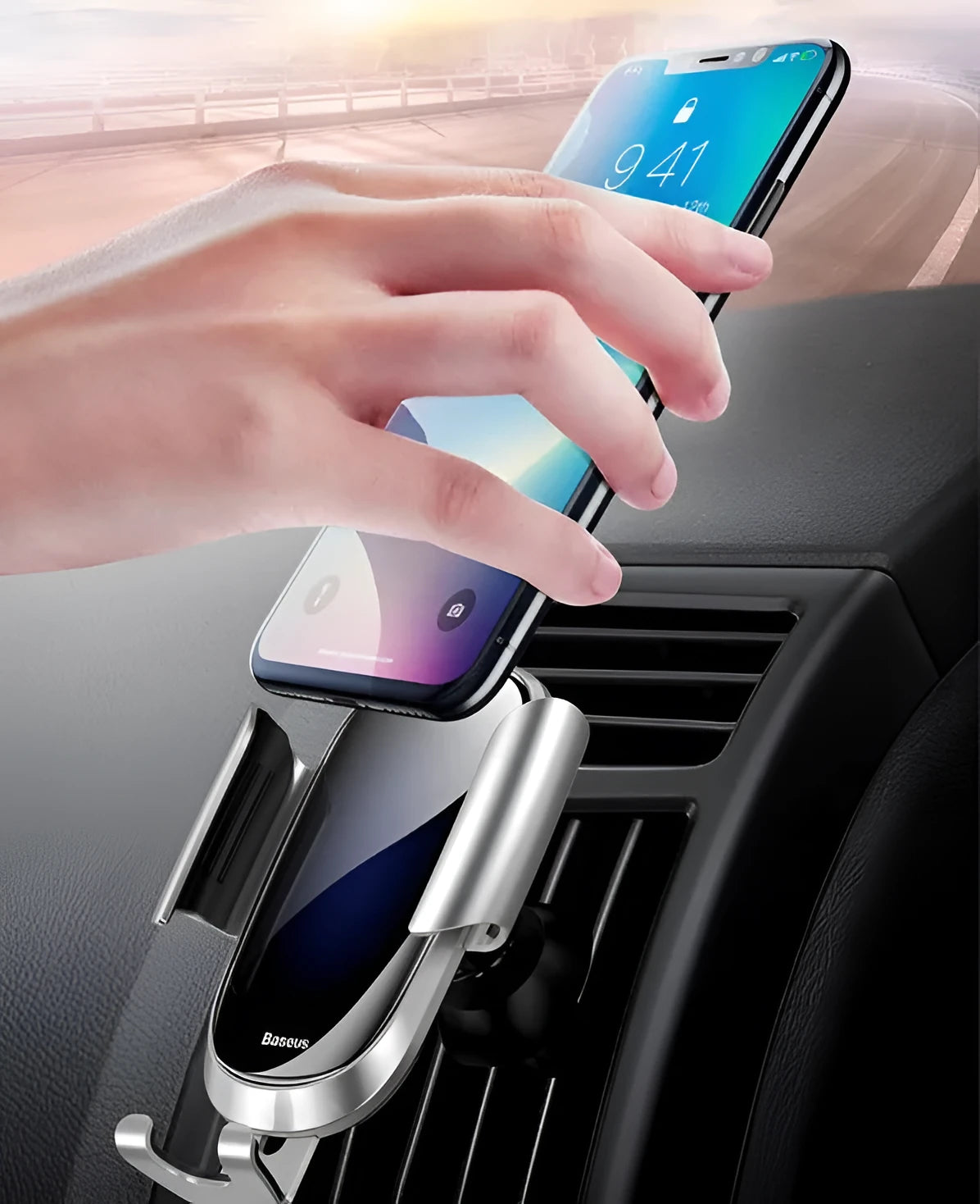 Smart car bracket mount holding a mobile phone, showing 360-degree rotation and adjustable clamp.