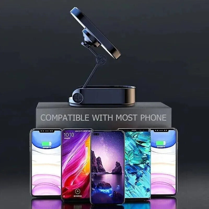 Chrome folding magnetic car phone holder with 360-degree swivel on car dashboard