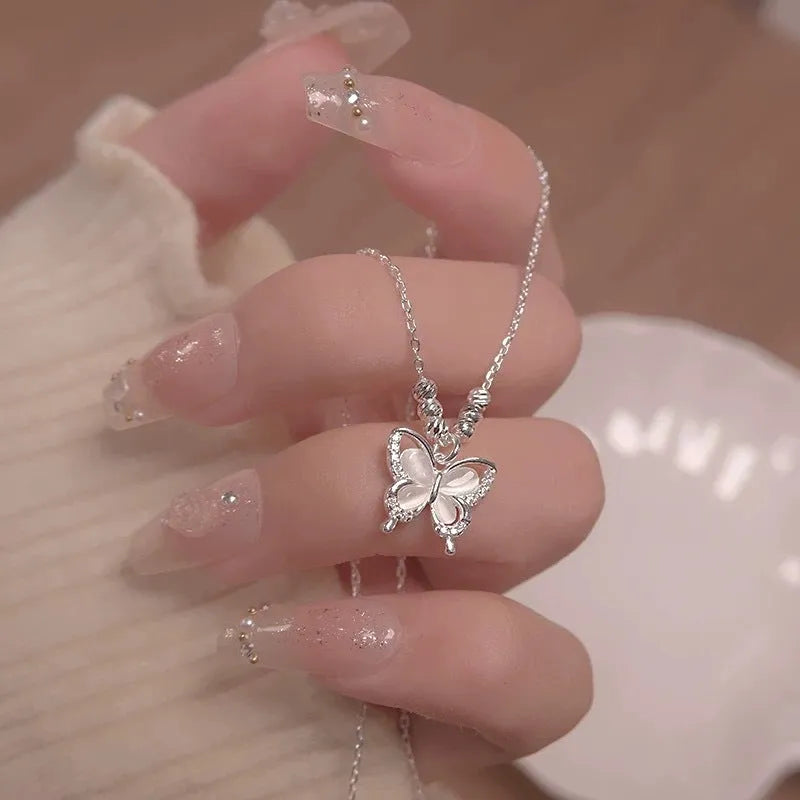 Silver butterfly necklace with cross chain and adjustable 41-50cm length