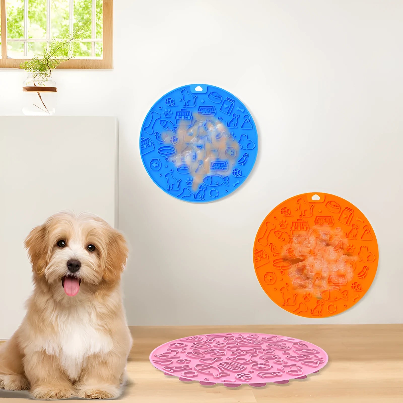Round blue silicone pet licking mat with suction cup and textured surface for slow feeding.