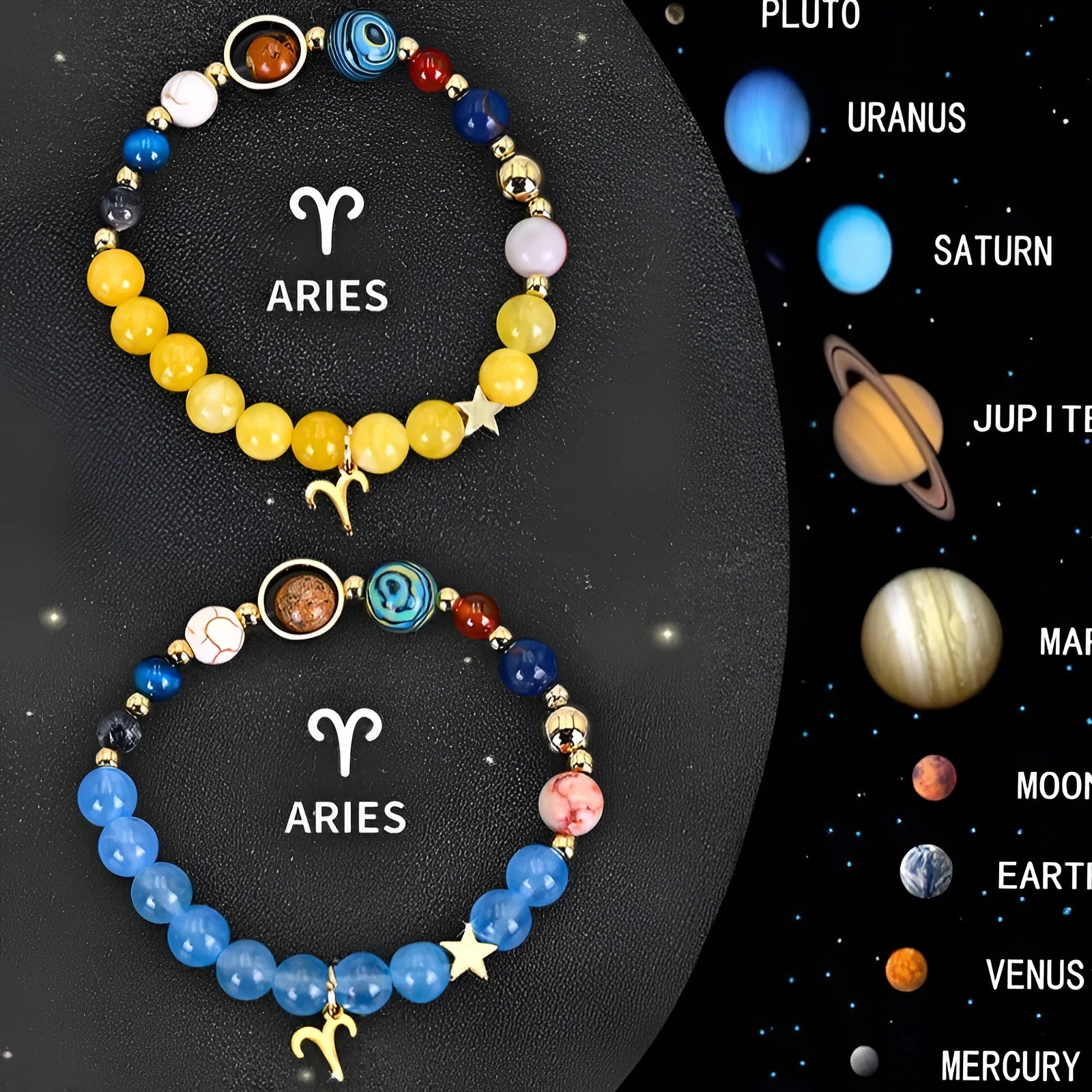 Natural stone beaded bracelets for twelve zodiac signs in two-piece astrology jewellery set