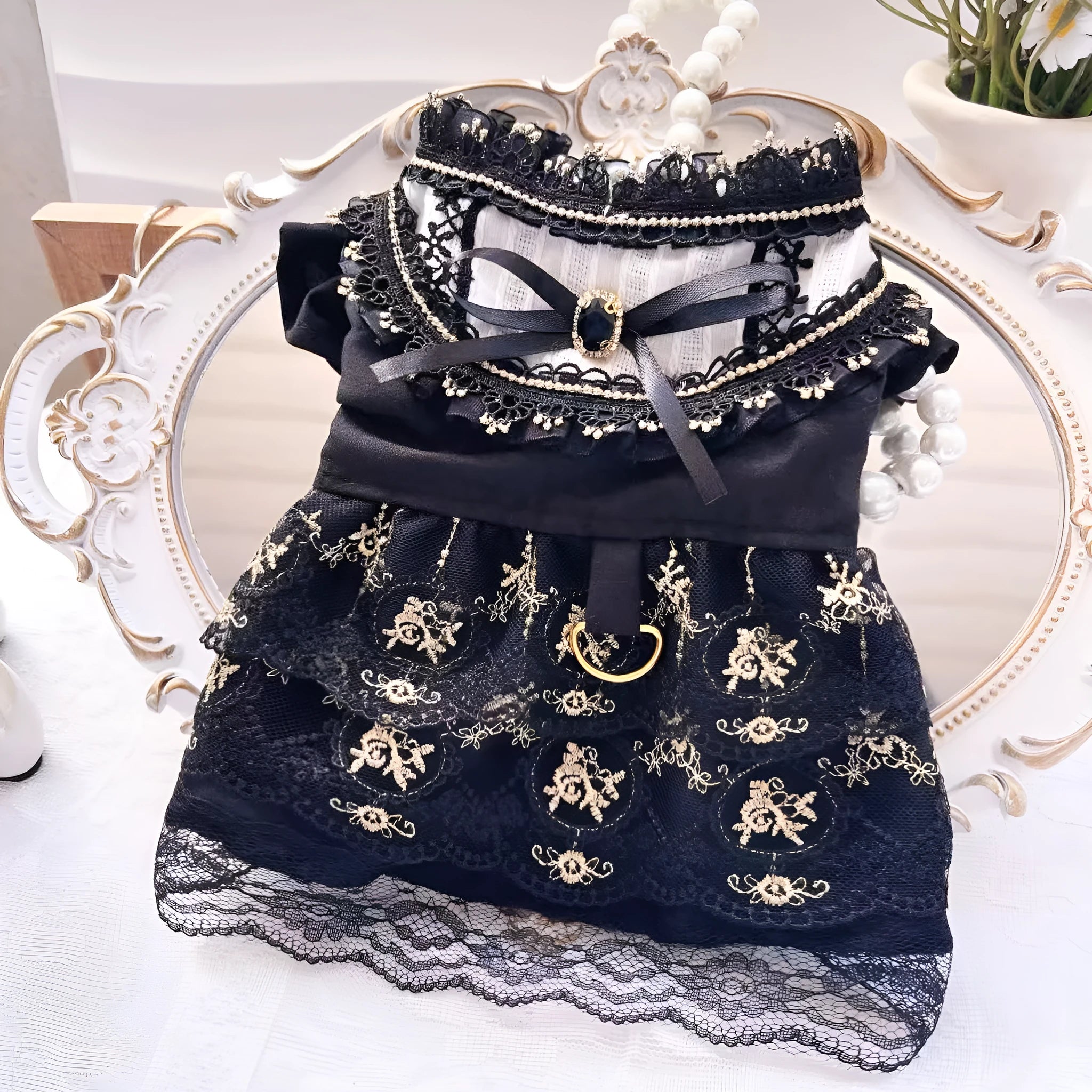 Golden gothic-style princess skirt pet clothing for cats or dogs on a mannequin