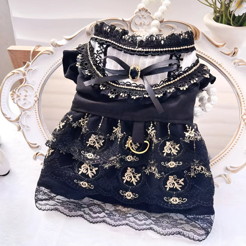 Golden gothic-style princess skirt pet clothing for cats or dogs on a mannequin