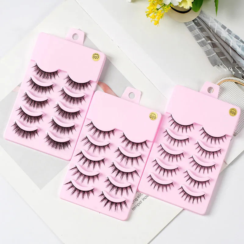 Set of 5 pairs natural wispy false eyelashes with black plastic base for Korean makeup and cosplay.