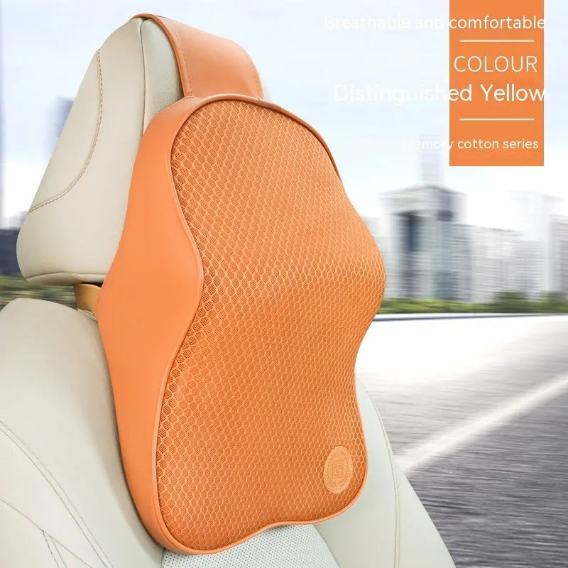 Black memory foam car headrest pillow and lumbar support pillow set on car seat