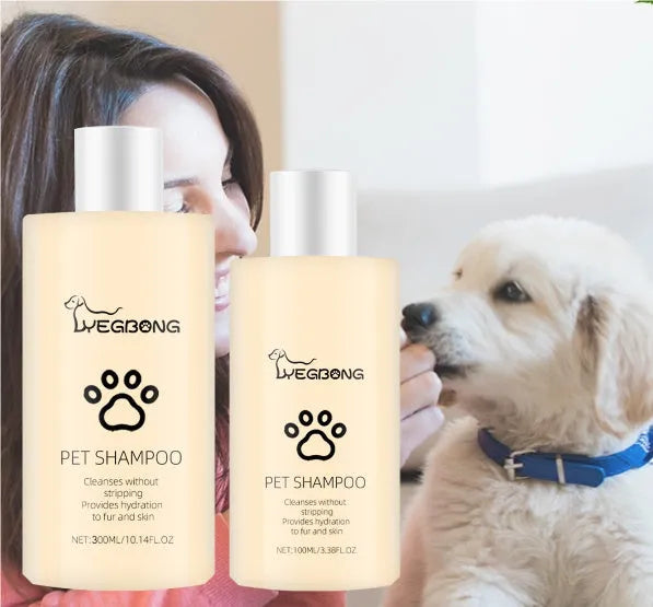 Bottle of mild pet shampoo for dogs in 100ml or 300ml size.