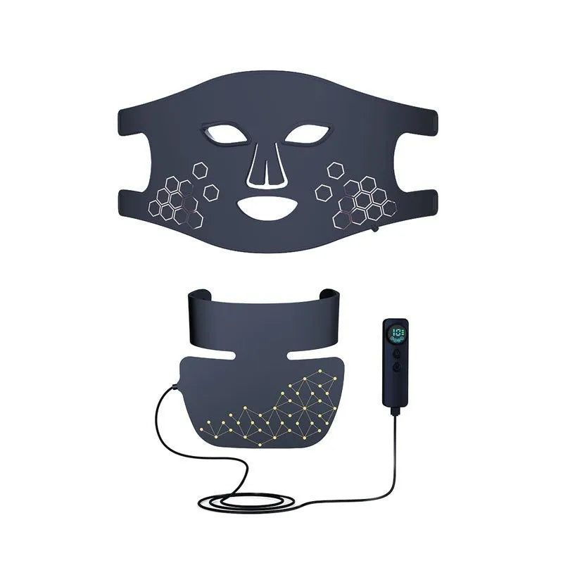 Black four-colour LED photon beauty mask with neck care strap and adjustable settings
